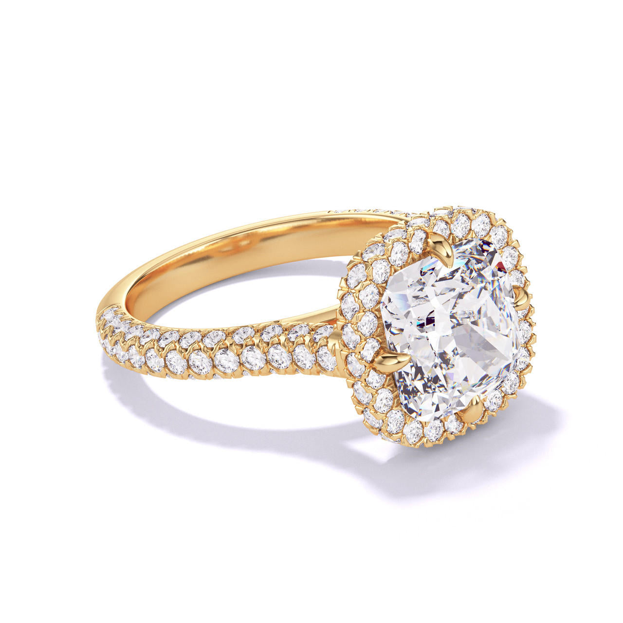 CUSHION CUT DIAMOND ENGAGEMENT RING WITH A WRAPPED HALO THREE PHASES TRIPLE PAVE SETTING IN 18K YELLOW GOLD