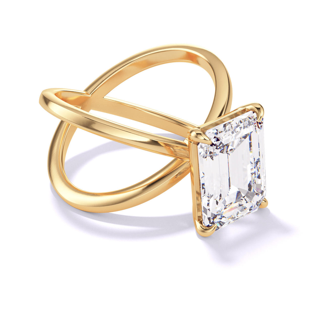 Solitaire Emerald Cut Diamond Engagement Ring on a Gold Axis Setting 