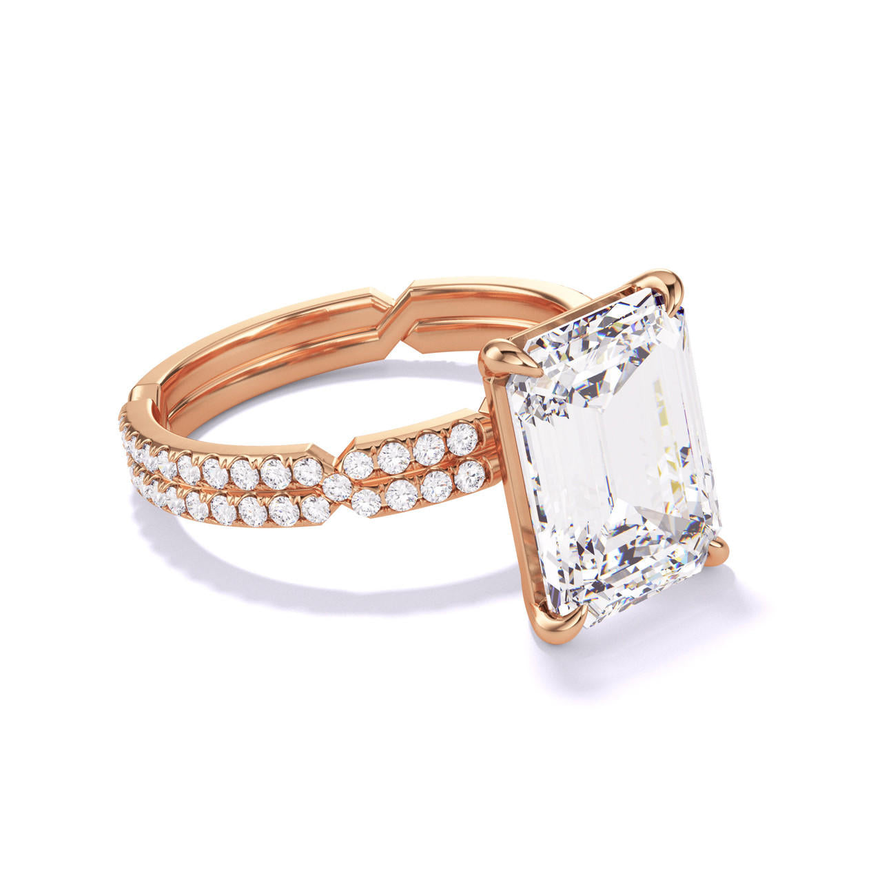 EMERALD CUT DIAMOND ENGAGEMENT RING WITH A CLASSIC 4 PRONG CHANCE PAVE SETTING IN 18K ROSE GOLD