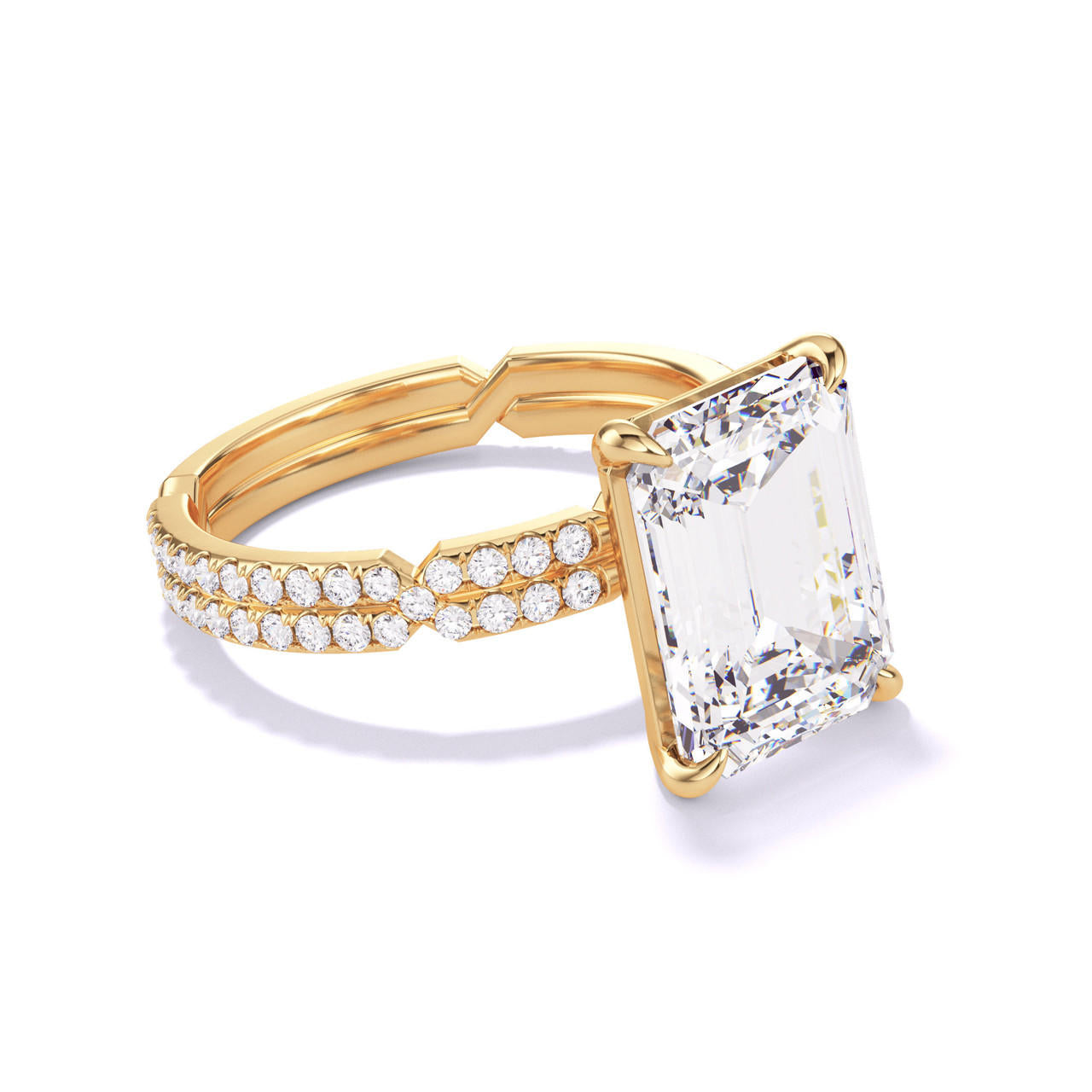 EMERALD CUT DIAMOND ENGAGEMENT RING WITH A CLASSIC 4 PRONG CHANCE PAVE SETTING IN 18K YELLOW GOLD