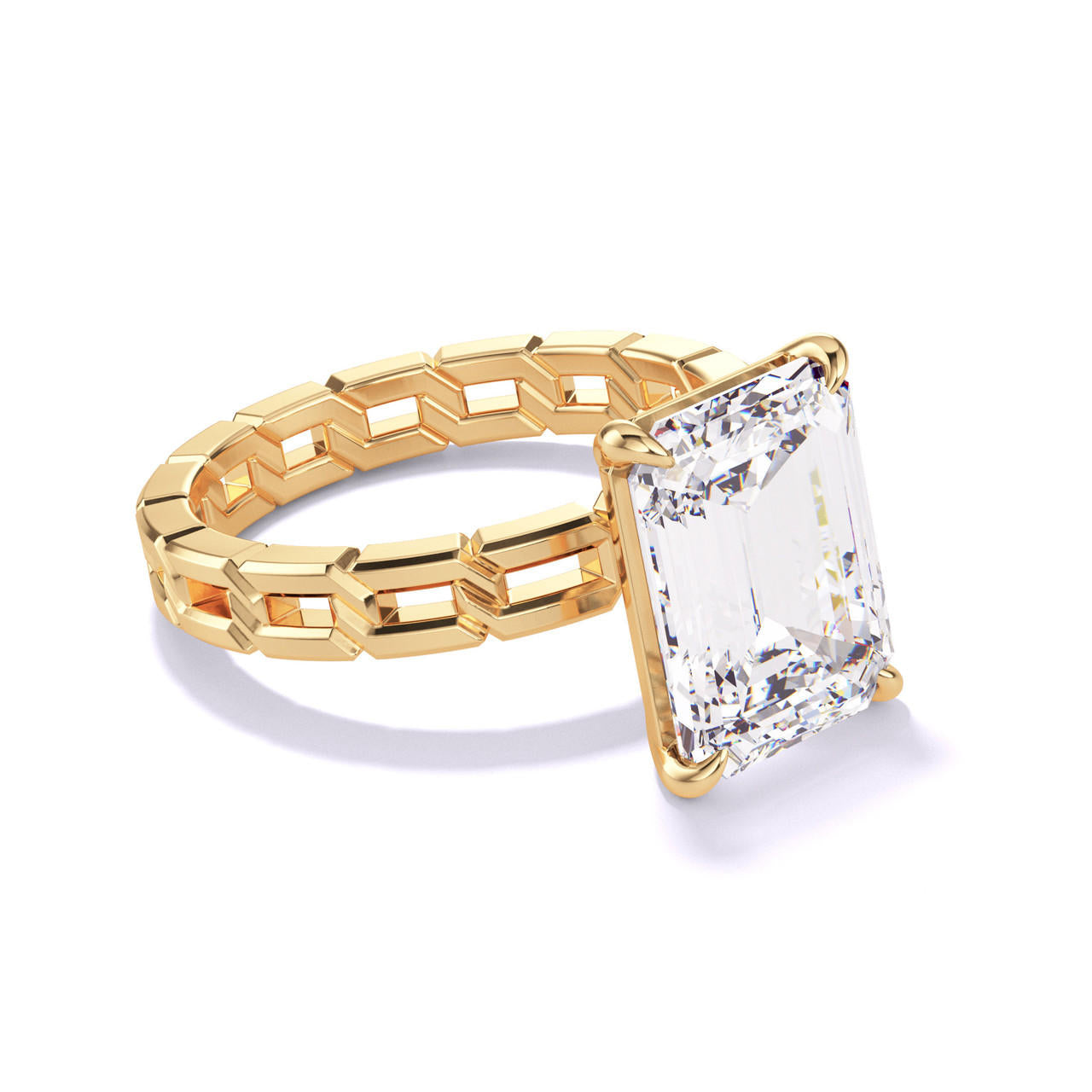Emerald Cut Solitaire Engagement Ring on a Gold 16 Link Band