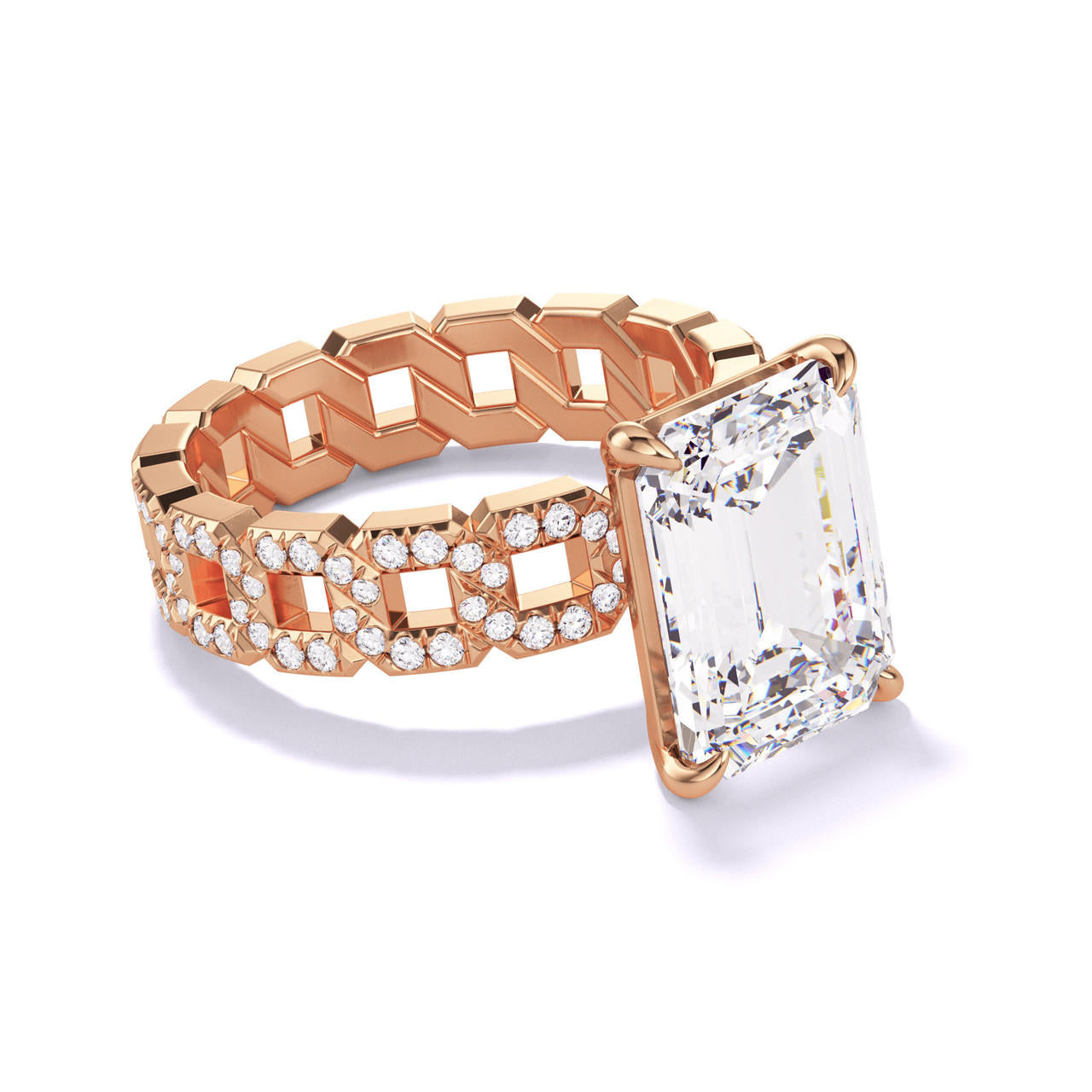 Rose Gold Emerald Cut Solitaire Engagement Ring on a Pave 16 Link Band