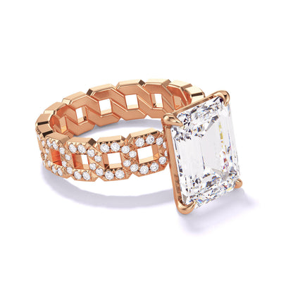 Rose Gold Emerald Cut Solitaire Engagement Ring on a Pave 16 Link Band
