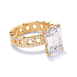 EMERALD CUT DIAMOND ENGAGEMENT RING WITH A CLASSIC 4 PRONG 16 PAVE LINKS SETTING IN 18K YELLOW GOLD