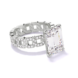 EMERALD CUT DIAMOND ENGAGEMENT RING WITH A CLASSIC 4 PRONG 16 PAVE LINKS SETTING IN PLATINUM