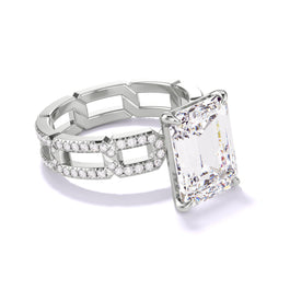 EMERALD CUT DIAMOND ENGAGEMENT RING WITH A CLASSIC 4 PRONG 8 PAVE LINKS SETTING IN PLATINUM