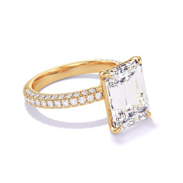 EMERALD CUT DIAMOND ENGAGEMENT RING WITH A CLASSIC 4 PRONG THREE PHASES TRIPLE PAVE SETTING IN 18K YELLOW GOLD