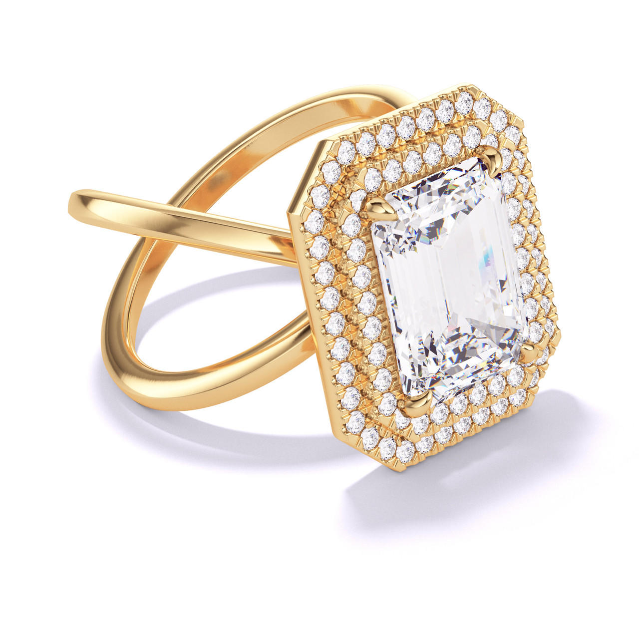 Emerald Cut Diamond Double Halo Ring with a Gold Axis Setting