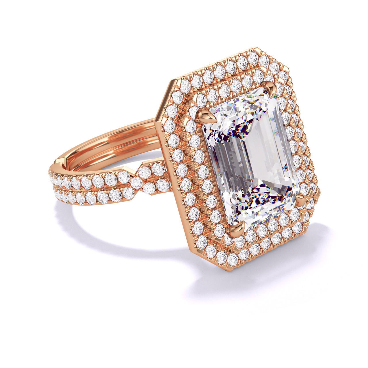 EMERALD CUT DIAMOND ENGAGEMENT RING WITH A DOUBLE HALO CHANCE PAVE SETTING IN 18K ROSE GOLD