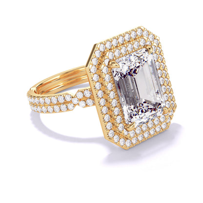 EMERALD CUT DIAMOND ENGAGEMENT RING WITH A DOUBLE HALO CHANCE PAVE SETTING IN 18K YELLOW GOLD