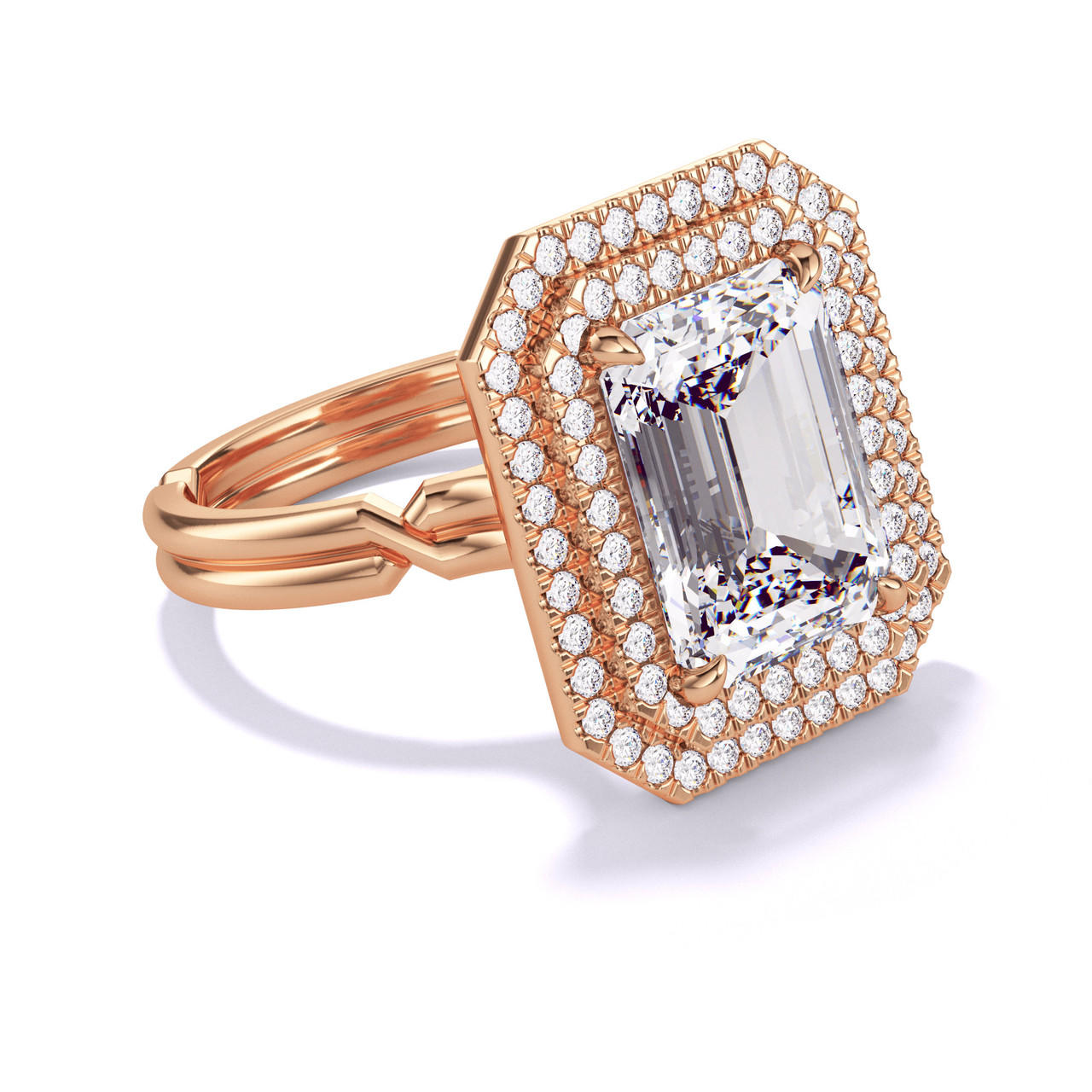 EMERALD CUT DIAMOND ENGAGEMENT RING WITH A DOUBLE HALO CHANCE SETTING IN 18K ROSE GOLD