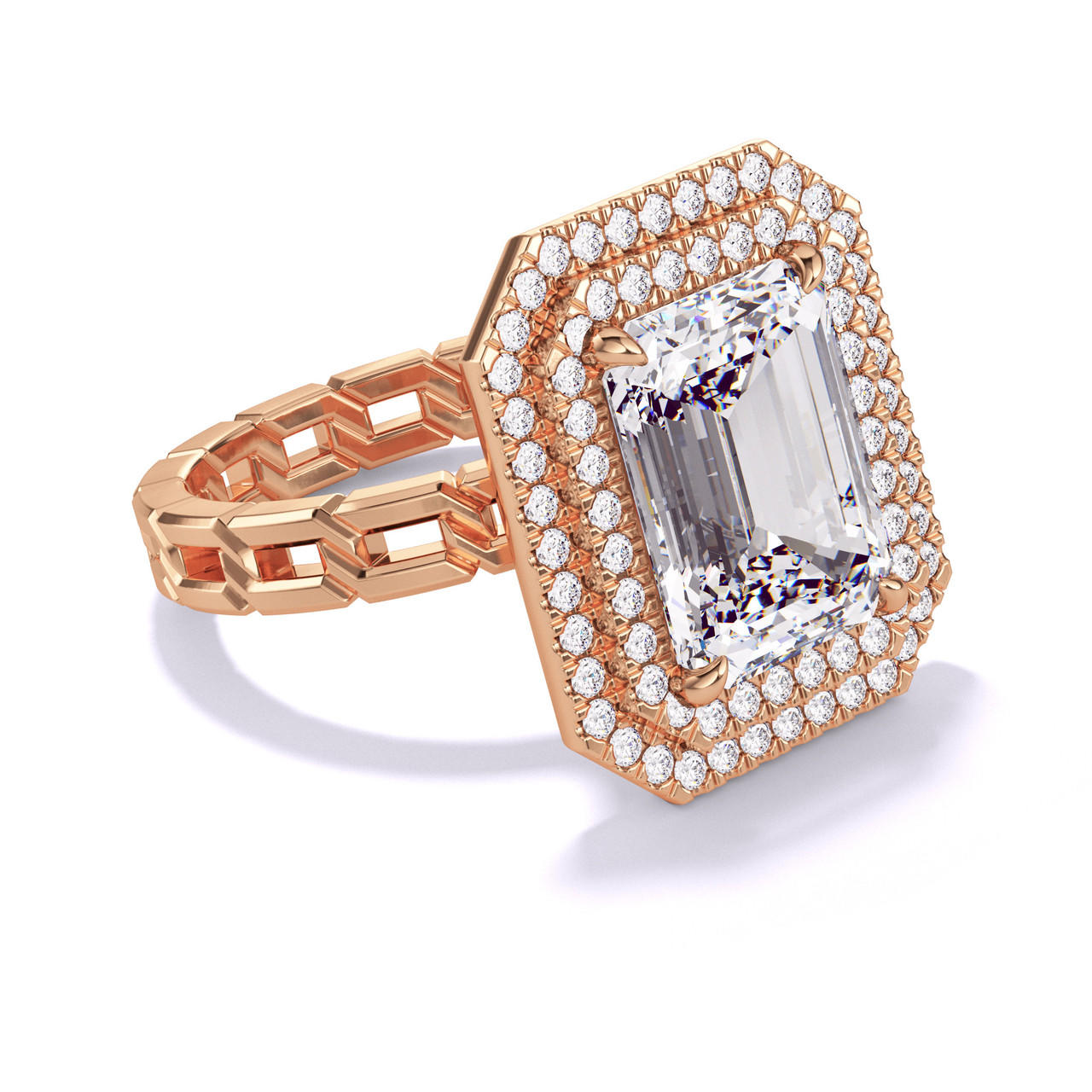 EMERALD CUT DIAMOND ENGAGEMENT RING WITH A DOUBLE HALO 16 LINKS SETTING IN 18K ROSE GOLD