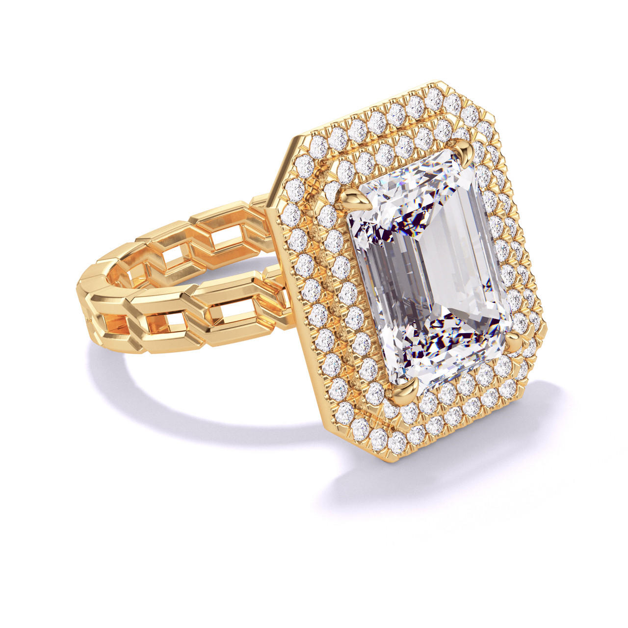 EMERALD CUT DIAMOND ENGAGEMENT RING WITH A DOUBLE HALO 16 LINKS SETTING IN 18K YELLOW GOLD