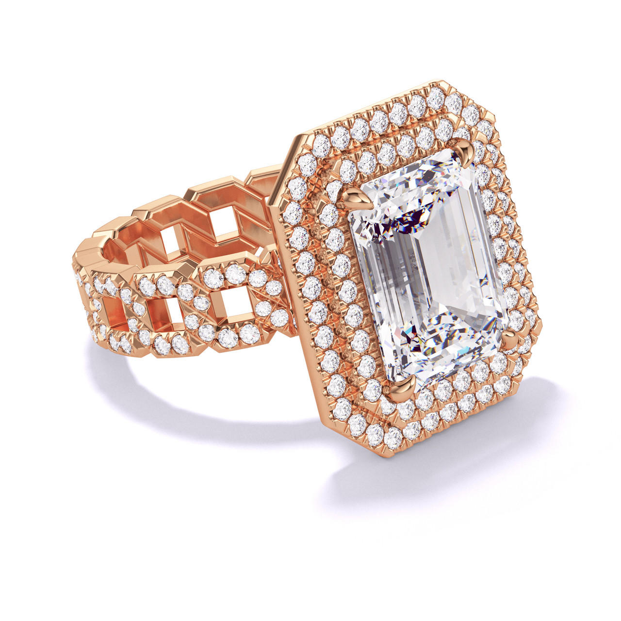 EMERALD CUT DIAMOND ENGAGEMENT RING WITH A DOUBLE HALO 16 PAVE LINKS SETTING IN 18K ROSE GOLD