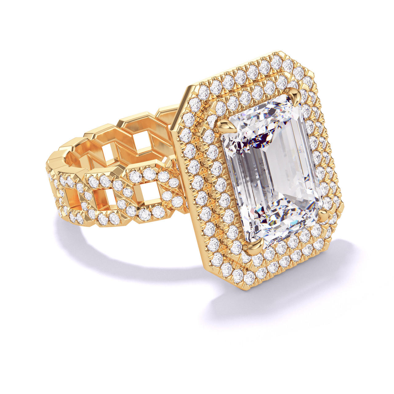 EMERALD CUT DIAMOND ENGAGEMENT RING WITH A DOUBLE HALO 16 PAVE LINKS SETTING IN 18K YELLOW GOLD