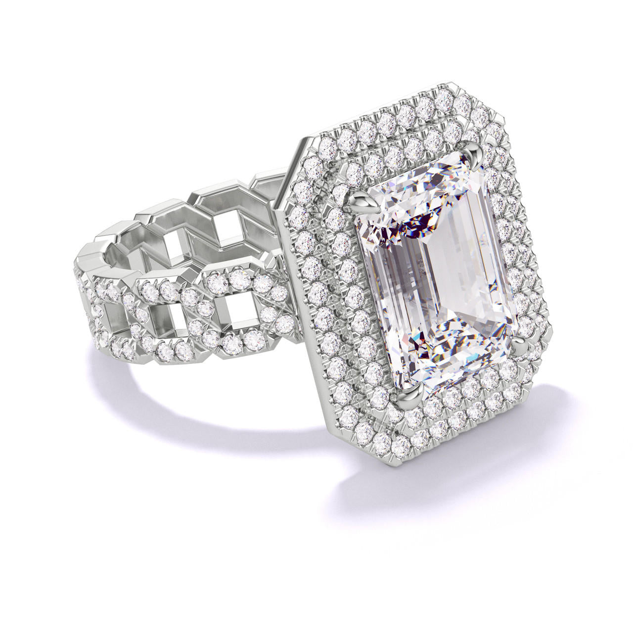 EMERALD CUT DIAMOND ENGAGEMENT RING WITH A DOUBLE HALO 16 PAVE LINKS SETTING IN PLATINUM