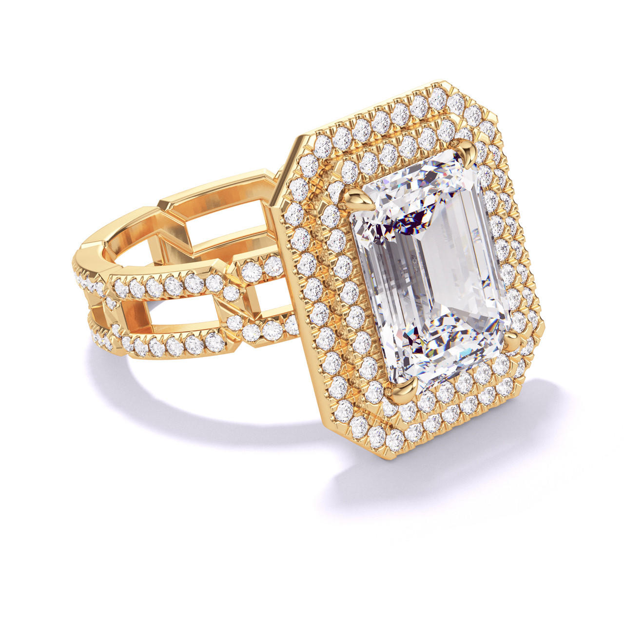 EMERALD CUT DIAMOND ENGAGEMENT RING WITH A DOUBLE HALO 8 PAVE LINKS SETTING IN 18K YELLOW GOLD