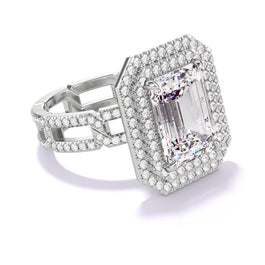 Emerald cut diamond engagement ring with a double halo 8 pave links setting in platinum