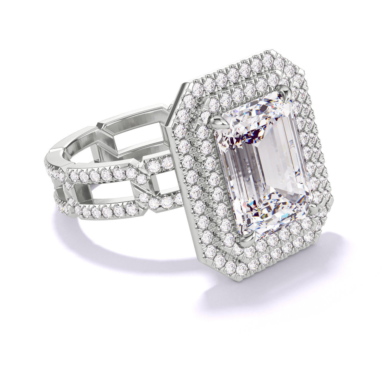 EMERALD CUT DIAMOND ENGAGEMENT RING WITH A DOUBLE HALO 8 PAVE LINKS SETTING IN PLATINUM