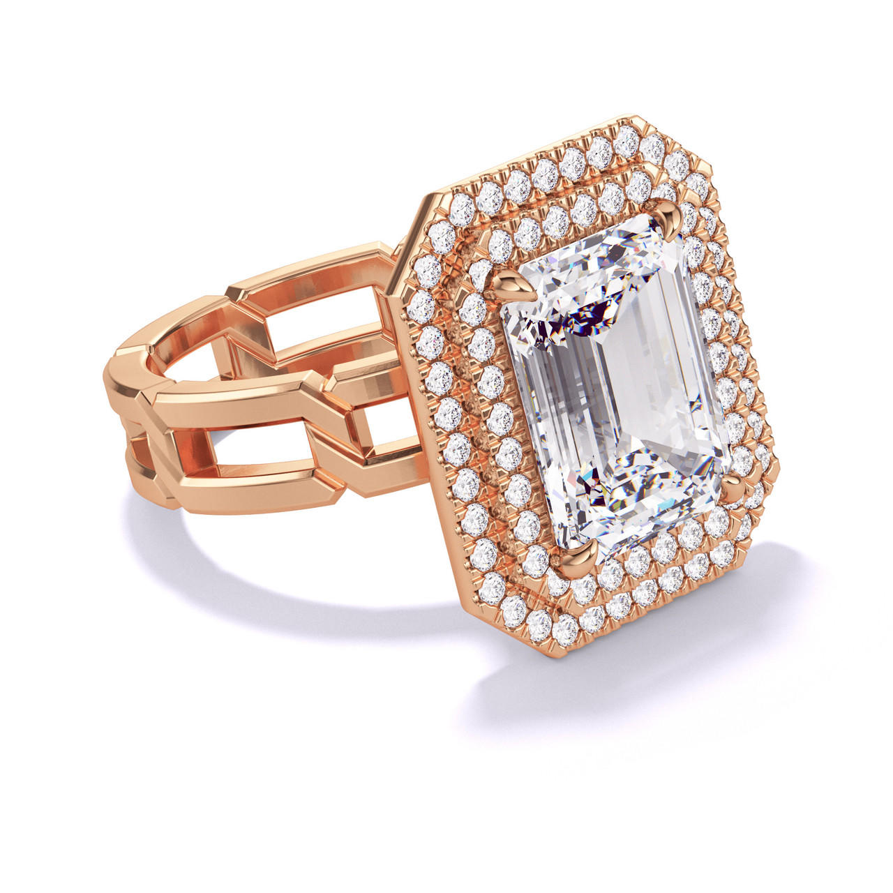 EMERALD CUT DIAMOND ENGAGEMENT RING WITH A DOUBLE HALO 8 LINKS SETTING IN 18K ROSE GOLD