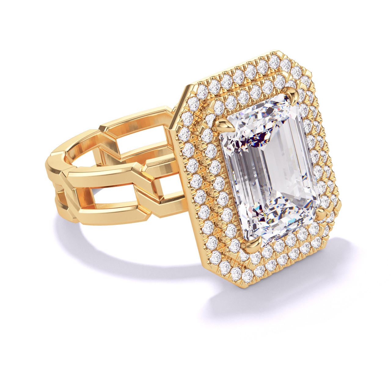 EMERALD CUT DIAMOND ENGAGEMENT RING WITH A DOUBLE HALO 8 LINKS SETTING IN 18K YELLOW GOLD