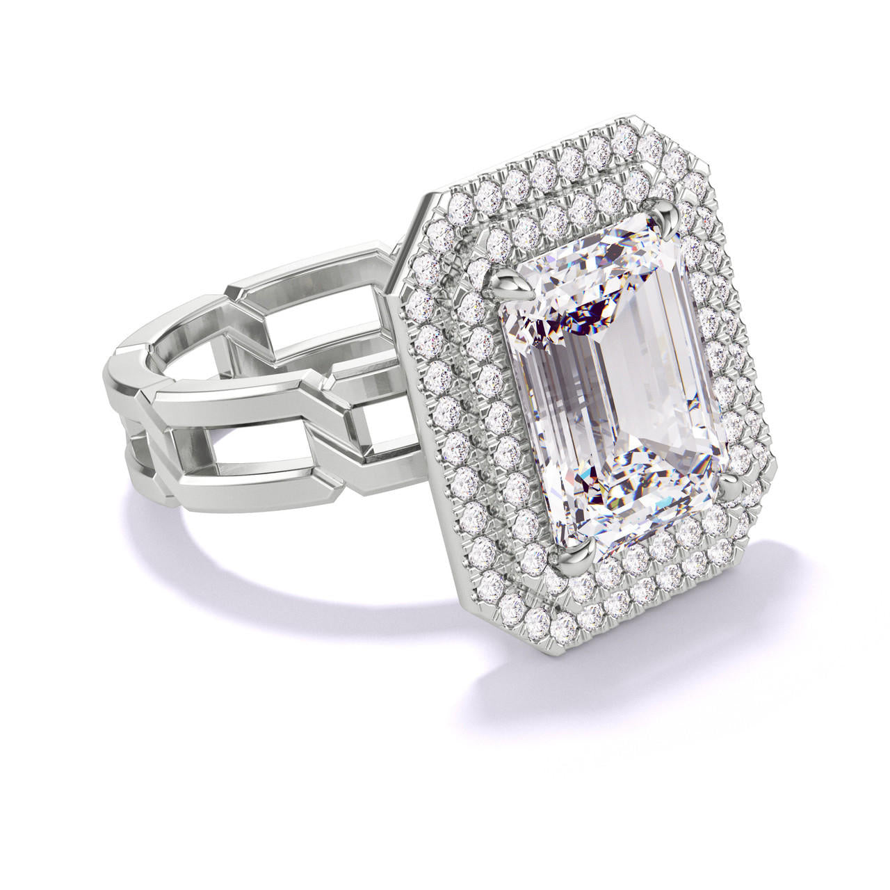 EMERALD CUT DIAMOND ENGAGEMENT RING WITH A DOUBLE HALO 8 LINKS SETTING IN PLATINUM