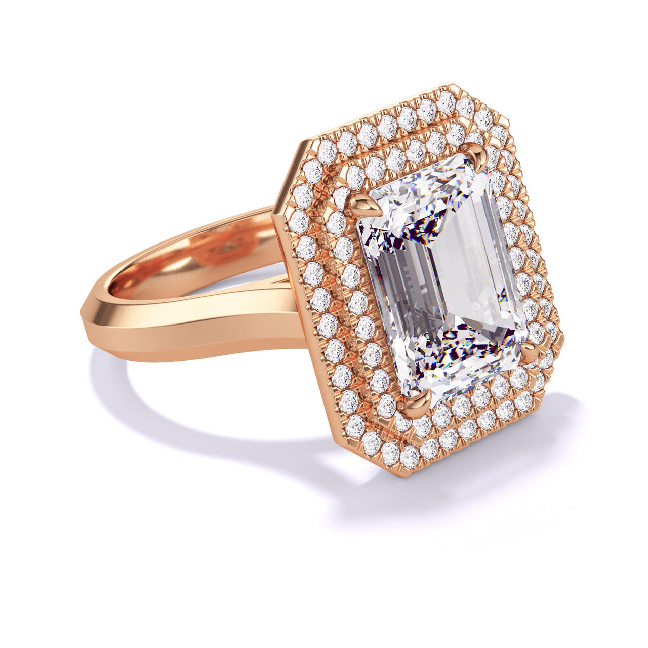 EMERALD CUT DIAMOND ENGAGEMENT RING WITH A DOUBLE HALO THREE PHASES SETTING IN 18K ROSE GOLD