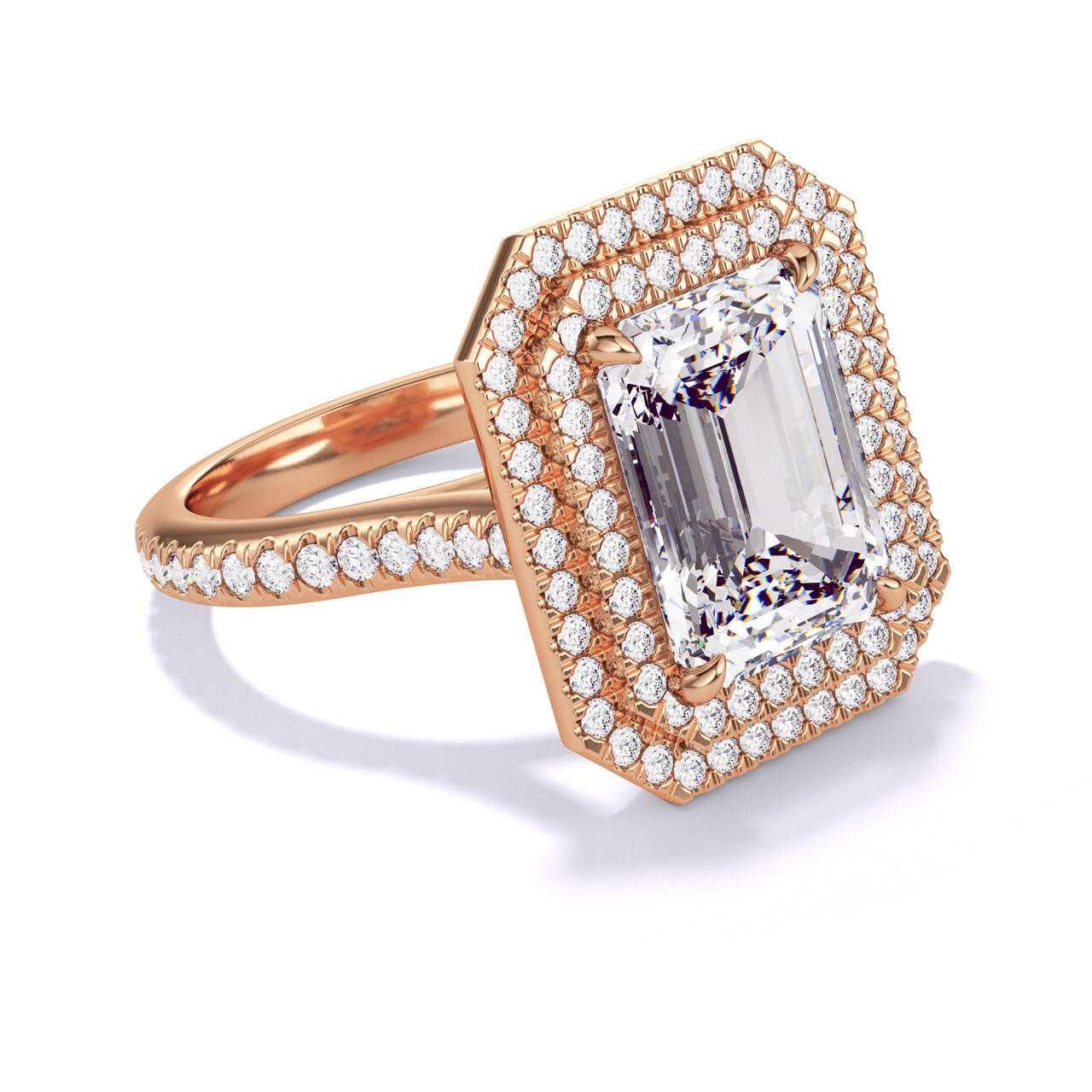 EMERALD CUT DIAMOND ENGAGEMENT RING WITH A DOUBLE HALO THREE PHASES PAVE SETTING IN 18K ROSE GOLD