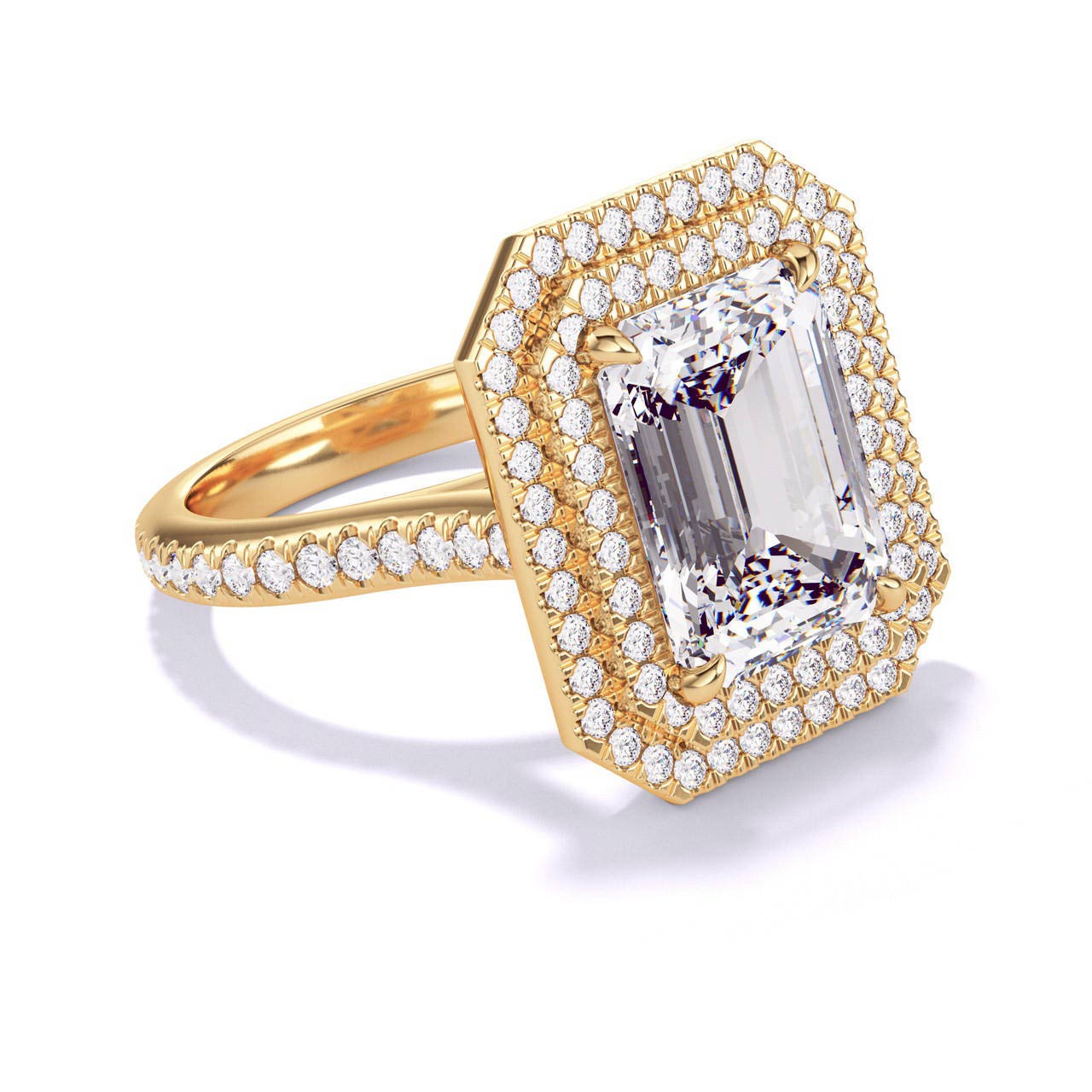 Emerald Cut Diamond Double Halo Ring with a Gold Three Phases Pave Setting