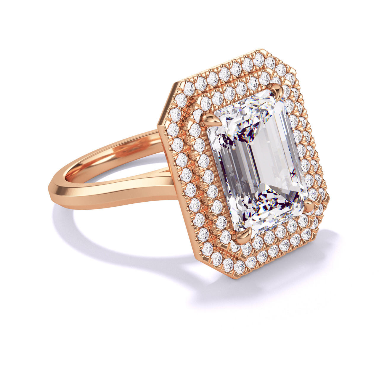 EMERALD CUT DIAMOND ENGAGEMENT RING WITH A DOUBLE HALO THREE PHASES SLIM SETTING IN 18K ROSE GOLD