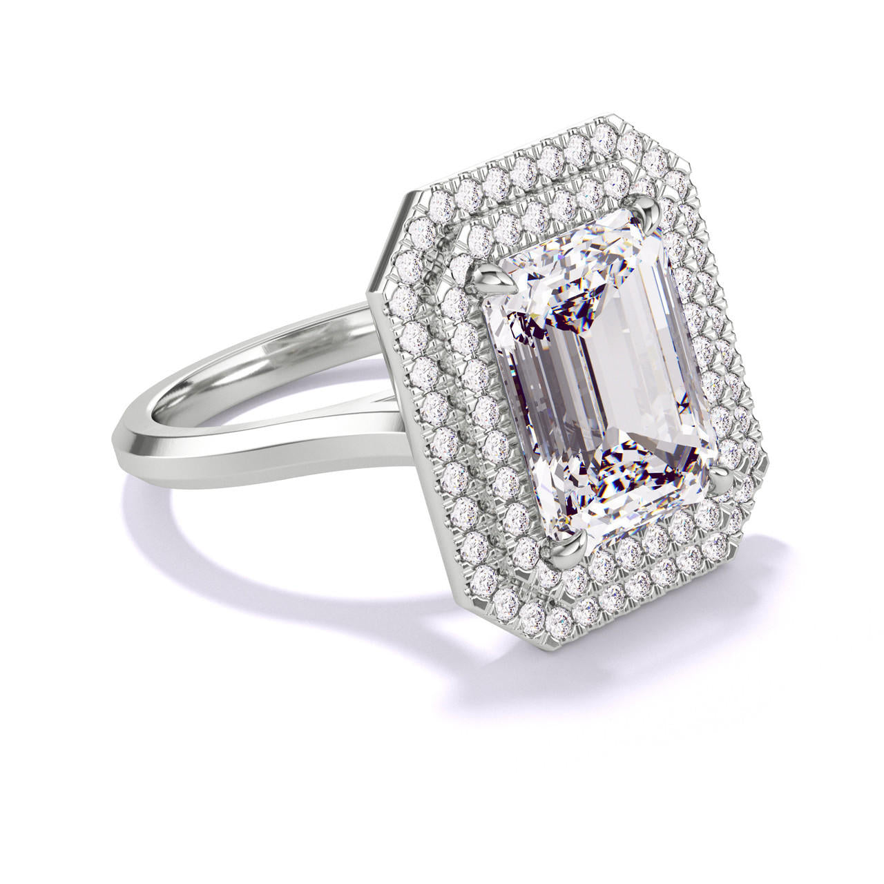 Emerald Cut Diamond Double Halo Ring with a Platinum Slim Three Phases Setting