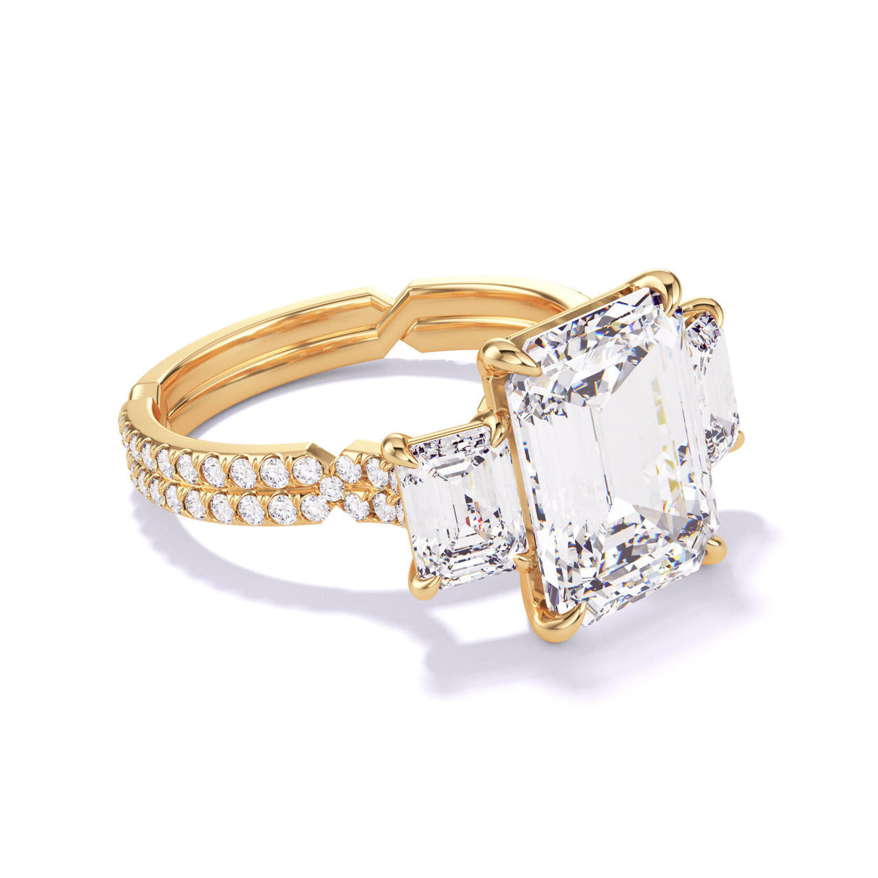 Gold Emerald Cut Three Stone Engagement Ring with a Pave Chance Setting