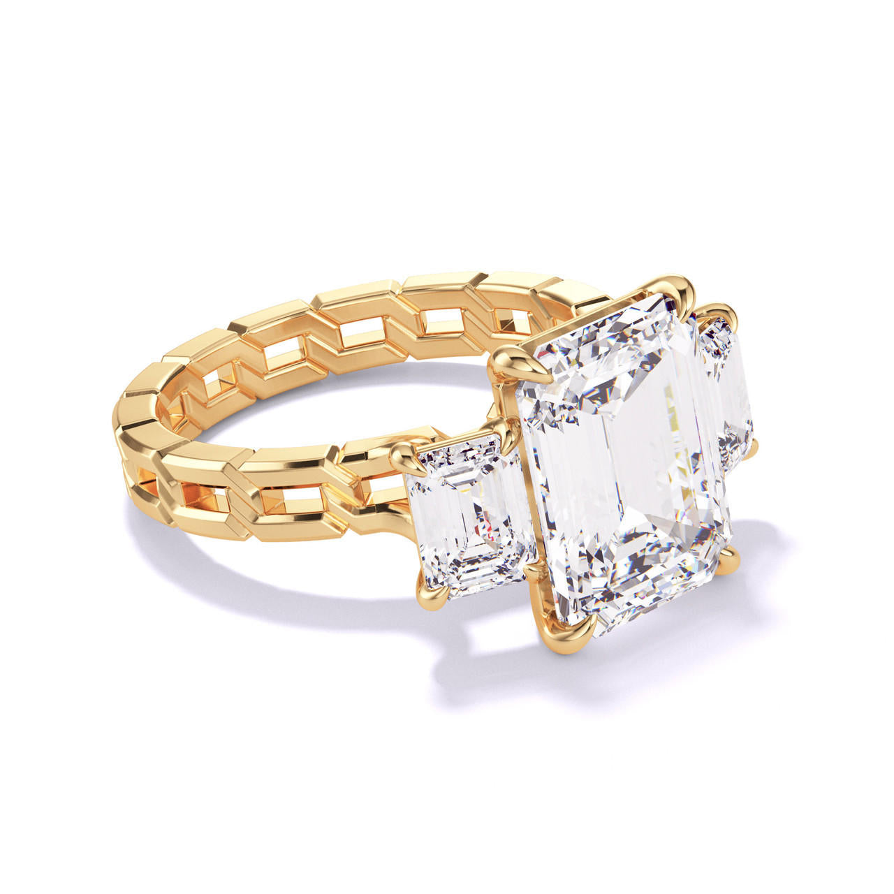 EMERALD CUT DIAMOND ENGAGEMENT RING WITH A THREE STONE 16 LINKS SETTING IN 18K YELLOW GOLD