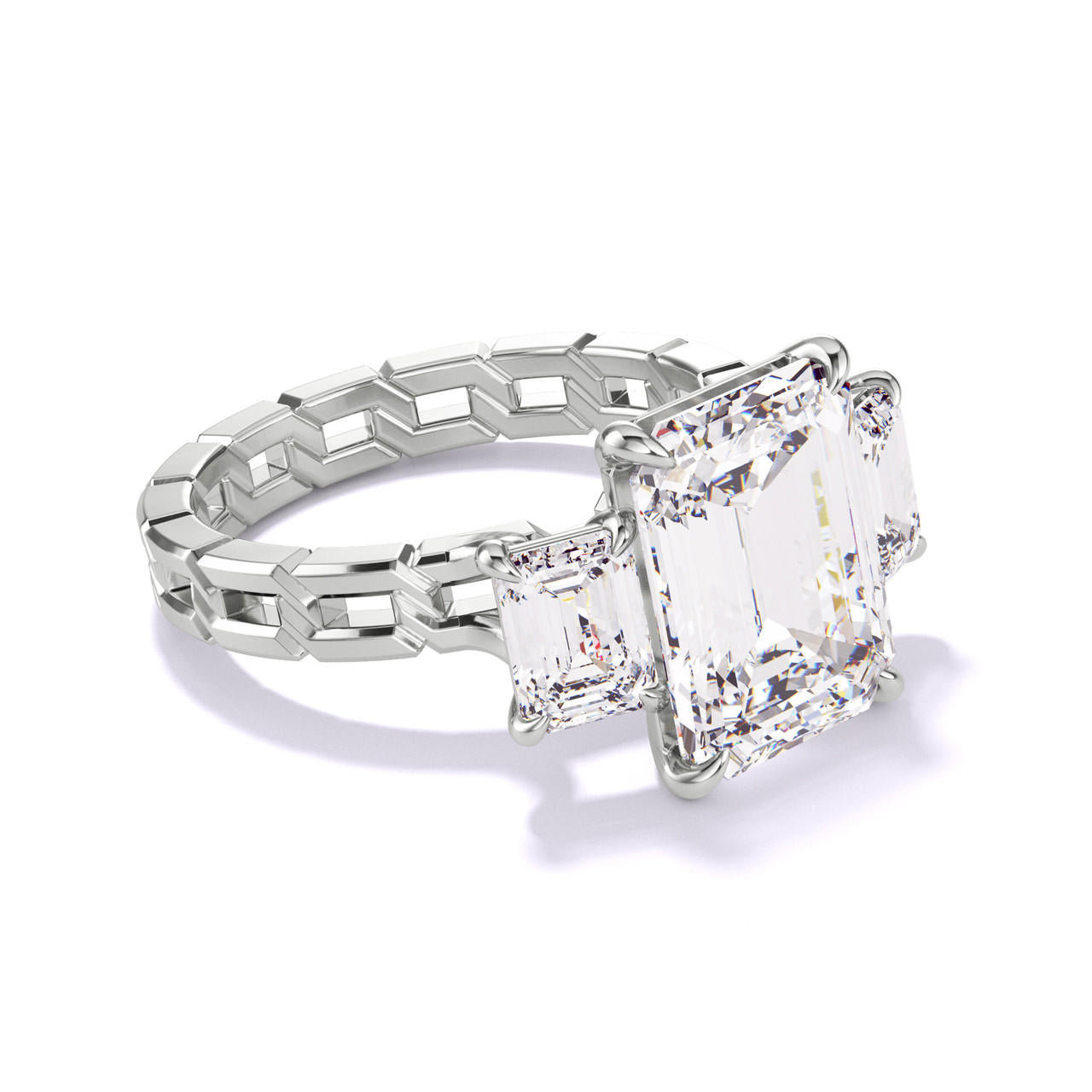 emerald cut diamond engagement ring with a three stone 16 links setting in platinum