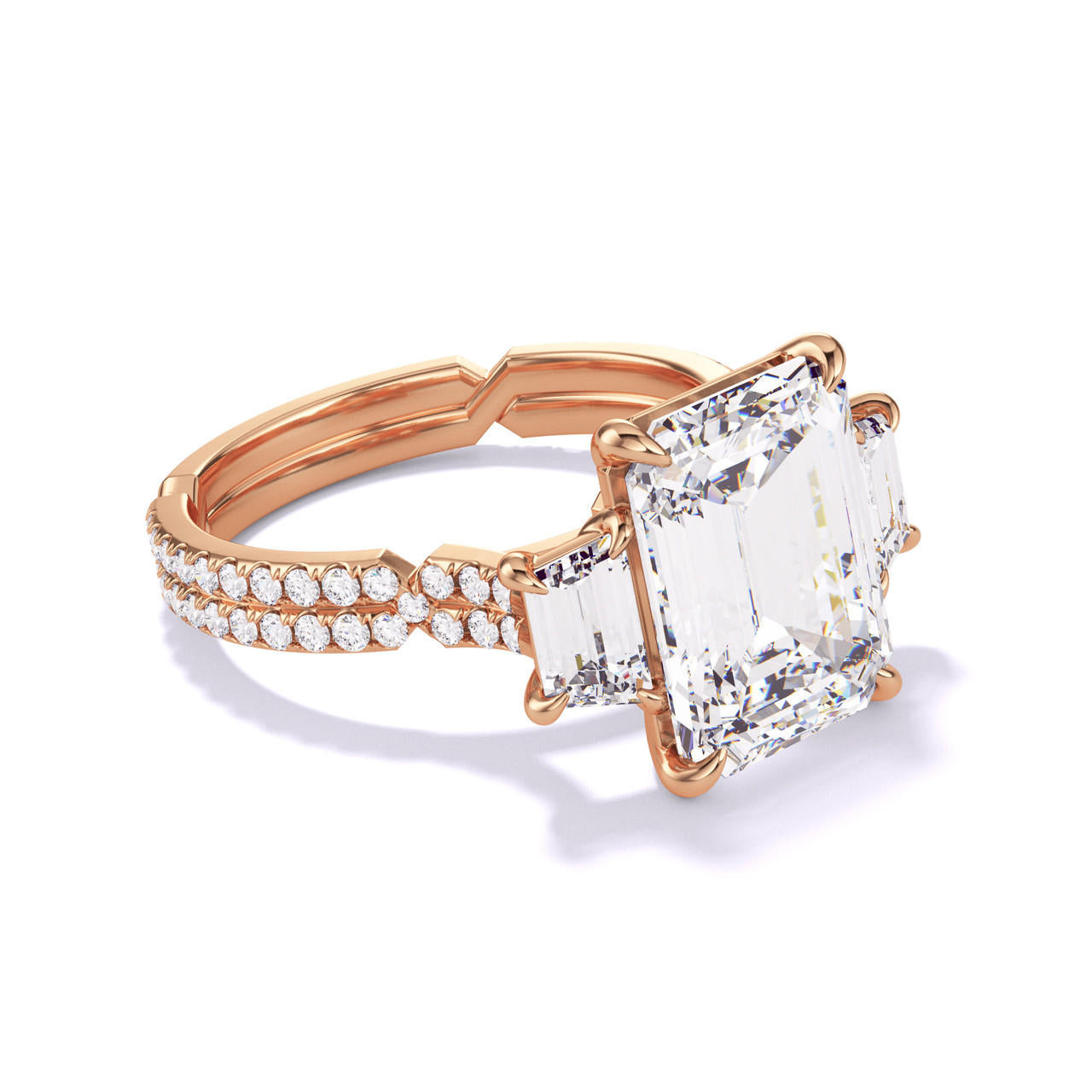 Emerald Cut Trapezoid Flank Engagement Ring on a Rose Gold Pave Chance Band