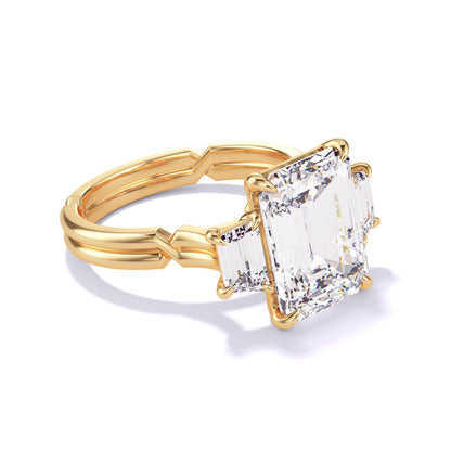 Emerald Cut Trapezoid Flank Engagement Ring on a Gold Chance Band