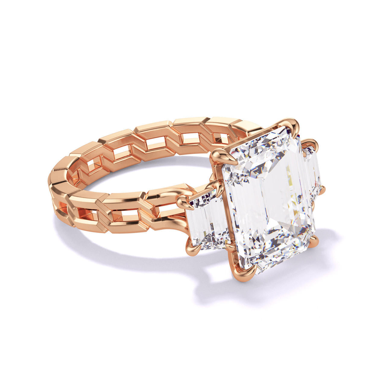 Rose Gold Emerald Cut Trapezoid Flank Engagement Ring on a 16 Link Band