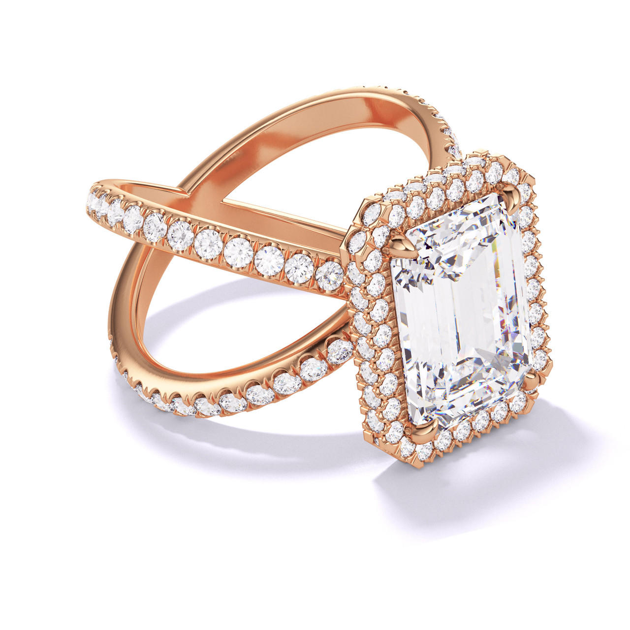 EMERALD CUT DIAMOND ENGAGEMENT RING WITH A WRAPPED HALO AXIS PAVE SETTING IN 18K ROSE GOLD