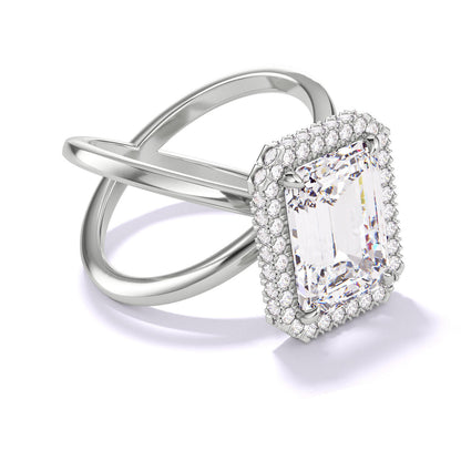EMERALD CUT DIAMOND ENGAGEMENT RING WITH A WRAPPED HALO AXIS SETTING IN PLATINUM