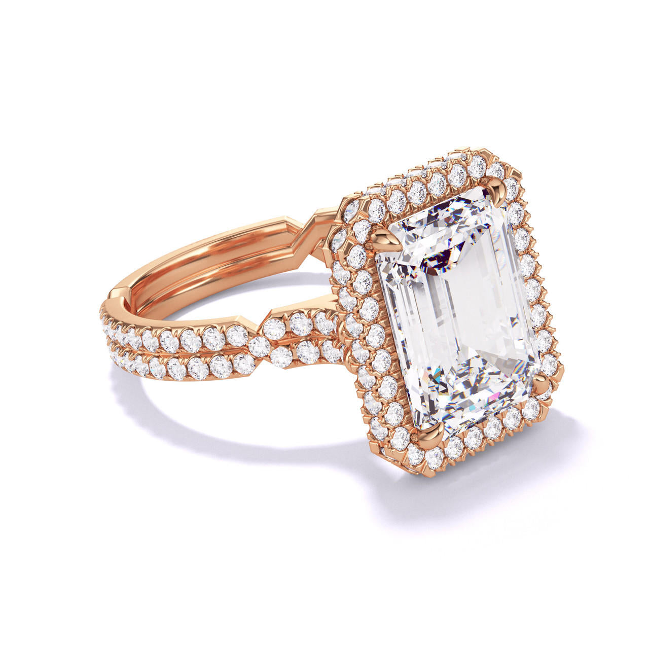 emerald cut diamond engagement ring with a wrapped halo chance pave setting in 18k rose gold