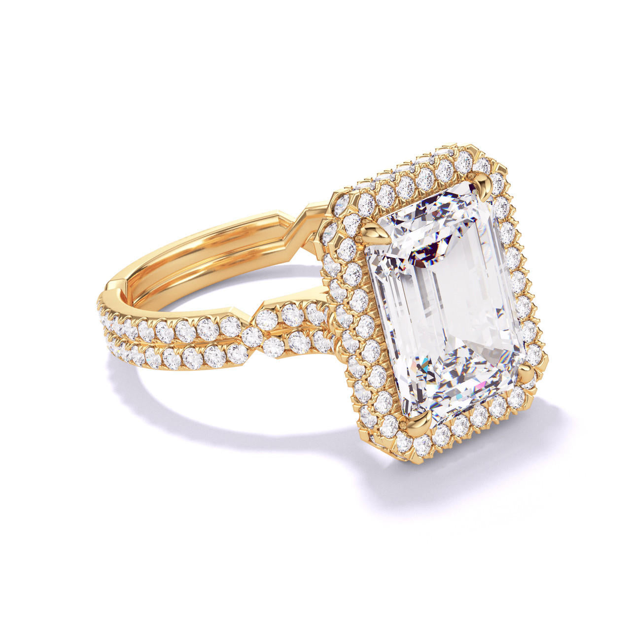 EMERALD CUT DIAMOND ENGAGEMENT RING WITH A WRAPPED HALO CHANCE PAVE SETTING IN 18K YELLOW GOLD