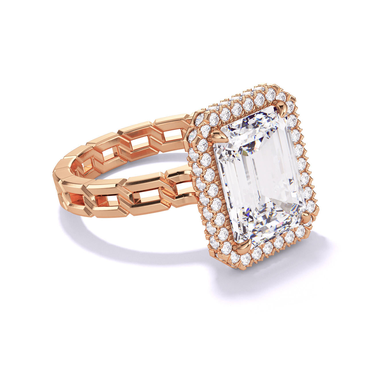 EMERALD CUT DIAMOND ENGAGEMENT RING WITH A WRAPPED HALO 16 LINKS SETTING IN 18K ROSE GOLD