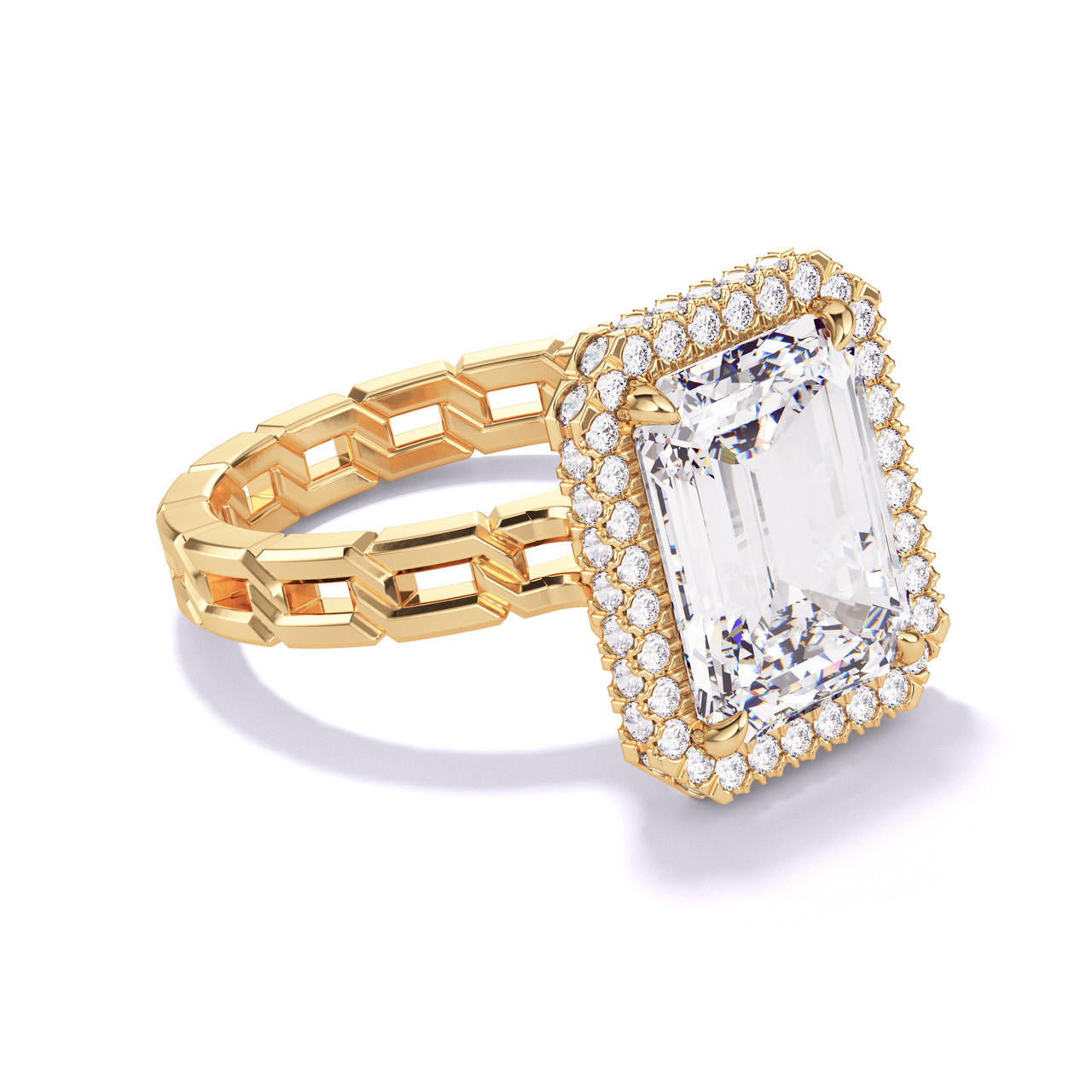 EMERALD CUT DIAMOND ENGAGEMENT RING WITH A WRAPPED HALO 16 LINKS SETTING IN 18K YELLOW GOLD