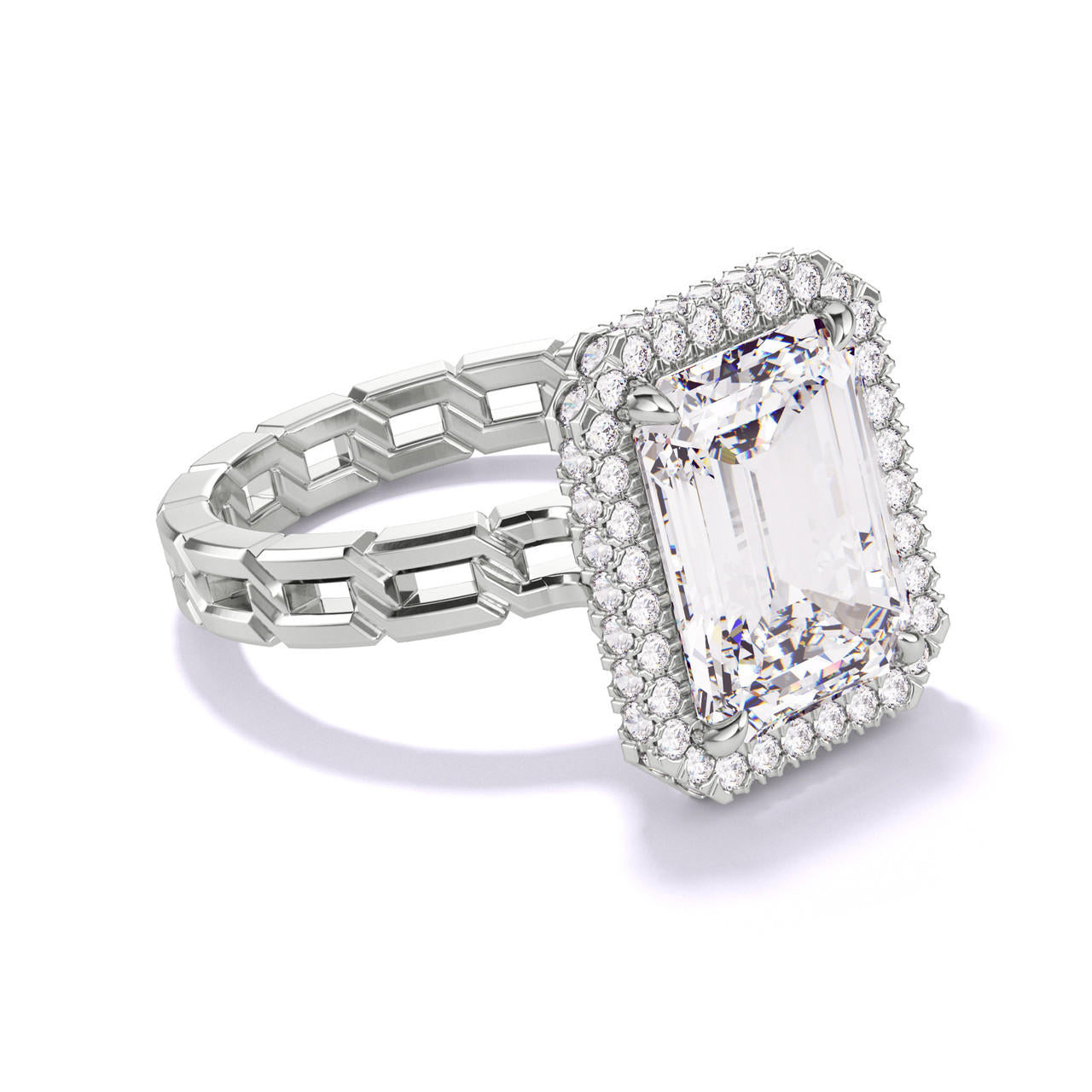 EMERALD CUT DIAMOND ENGAGEMENT RING WITH A WRAPPED HALO 16 LINKS SETTING IN PLATINUM