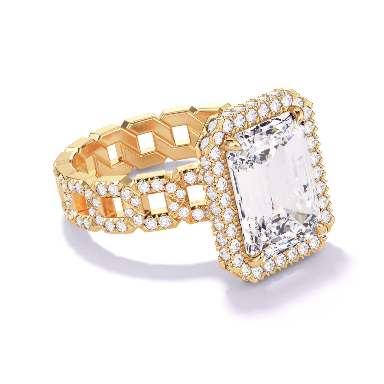 EMERALD CUT DIAMOND ENGAGEMENT RING WITH A WRAPPED HALO 16 PAVE LINKS SETTING IN 18K YELLOW GOLD