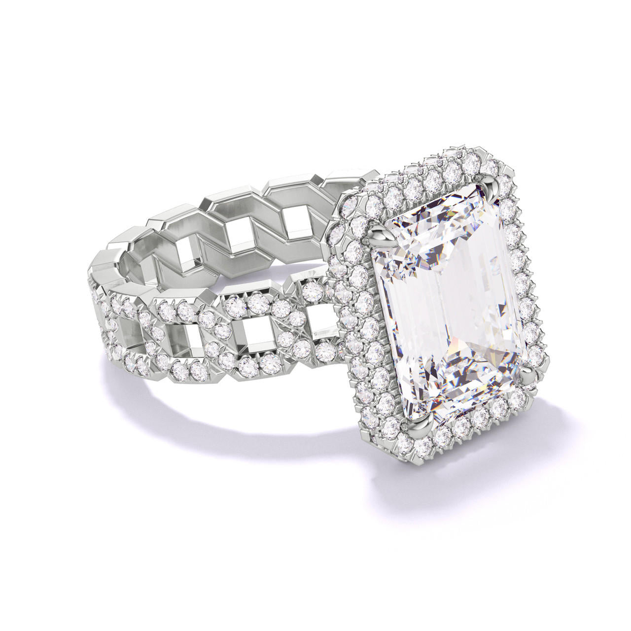 EMERALD CUT DIAMOND ENGAGEMENT RING WITH A WRAPPED HALO 16 PAVE LINKS SETTING IN PLATINUM