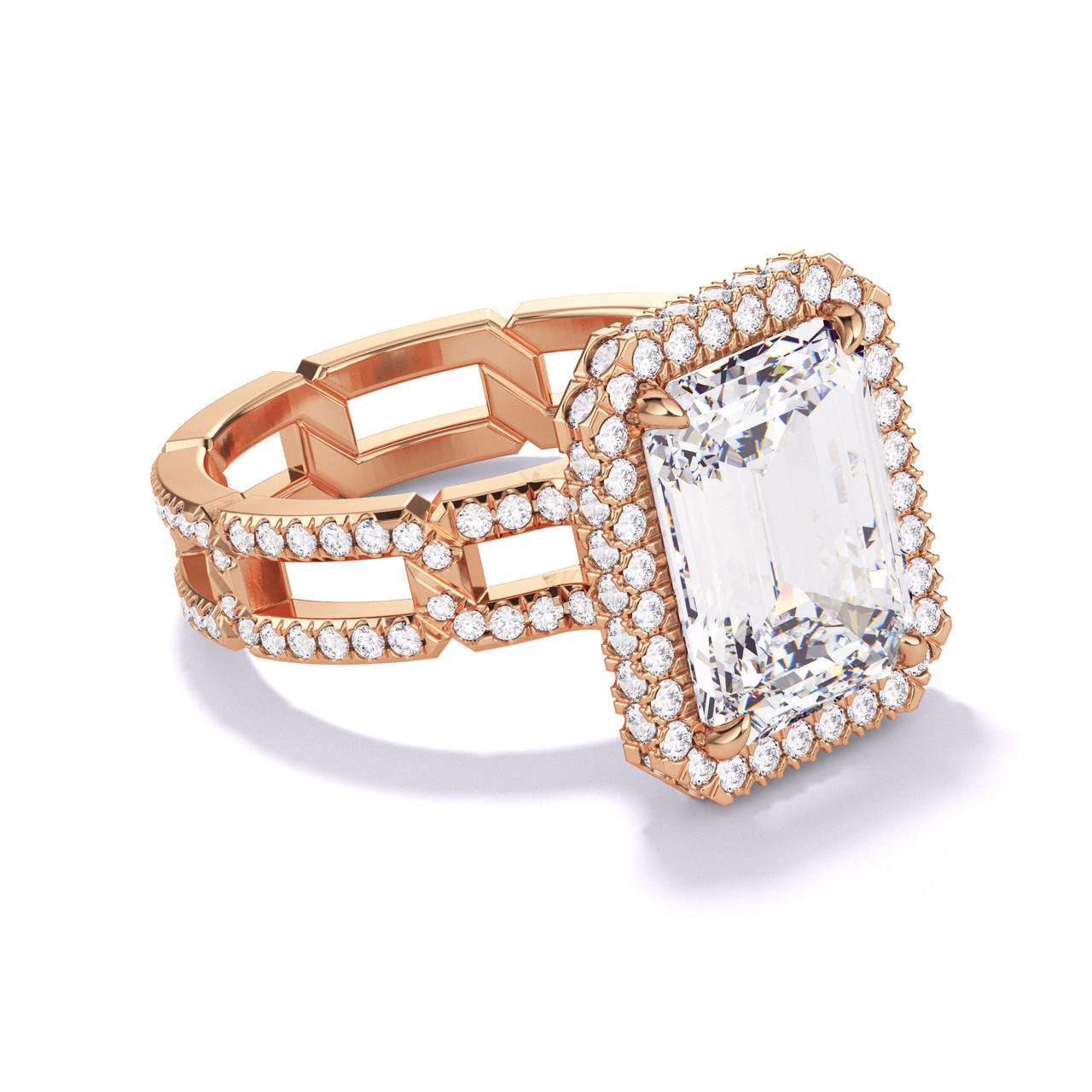 EMERALD CUT DIAMOND ENGAGEMENT RING WITH A WRAPPED HALO 8 PAVE LINKS SETTING IN 18K ROSE GOLD