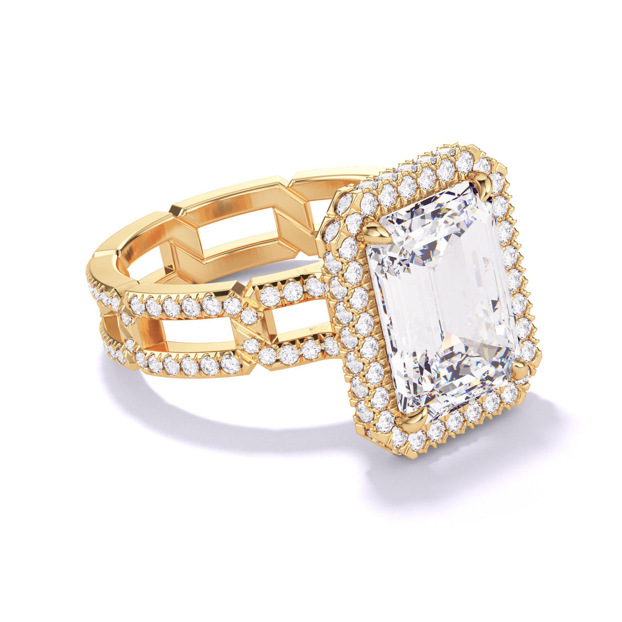 EMERALD CUT DIAMOND ENGAGEMENT RING WITH A WRAPPED HALO 8 PAVE LINKS SETTING IN 18K YELLOW GOLD