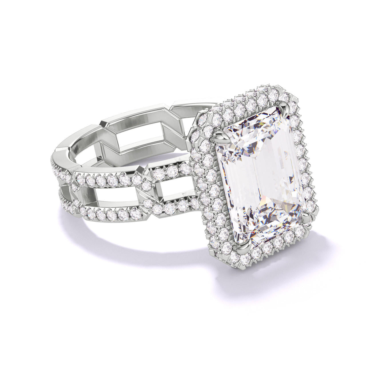 EMERALD CUT DIAMOND ENGAGEMENT RING WITH A WRAPPED HALO 8 PAVE LINKS SETTING IN PLATINUM