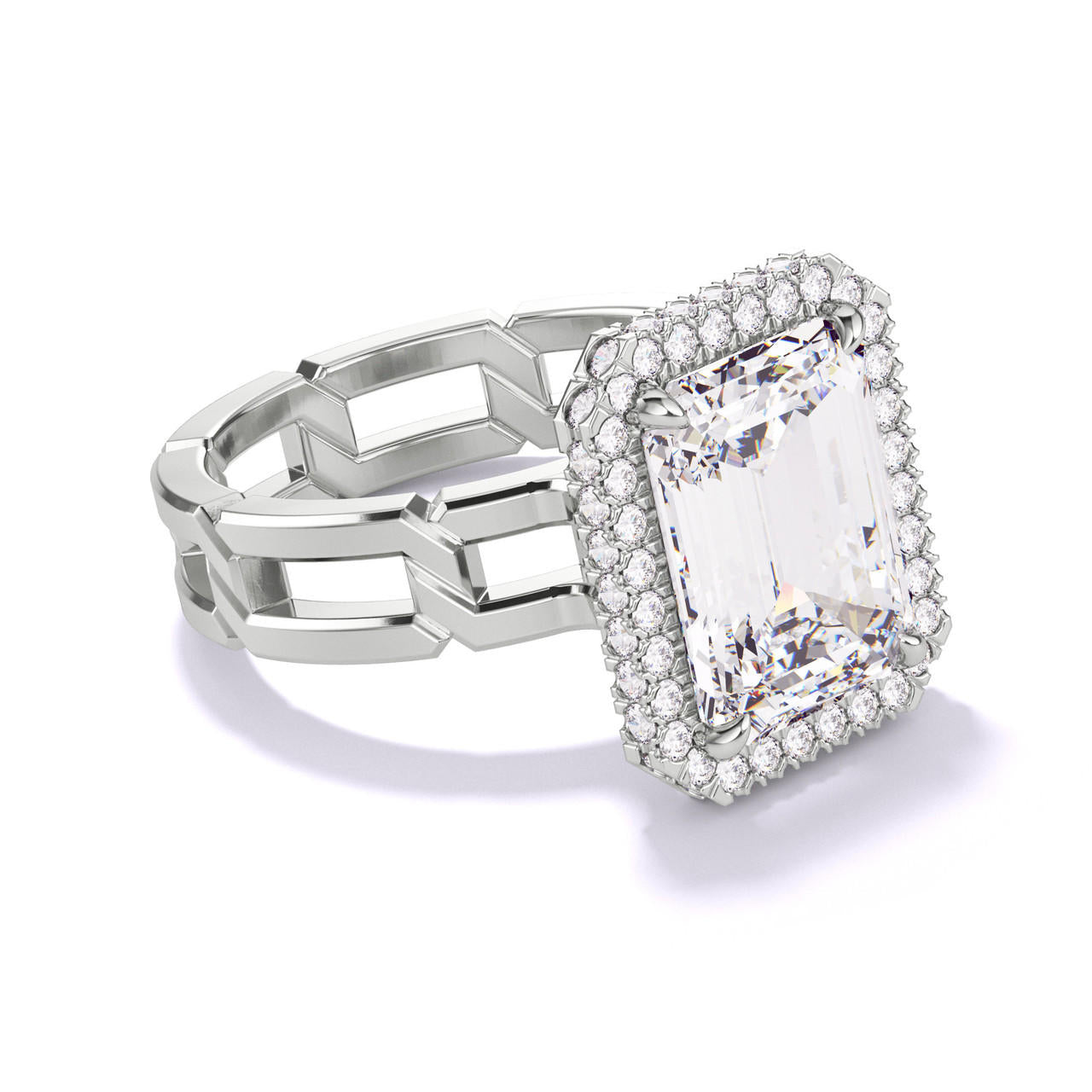 EMERALD CUT DIAMOND ENGAGEMENT RING WITH A WRAPPED HALO 8 LINKS SETTING IN PLATINUM